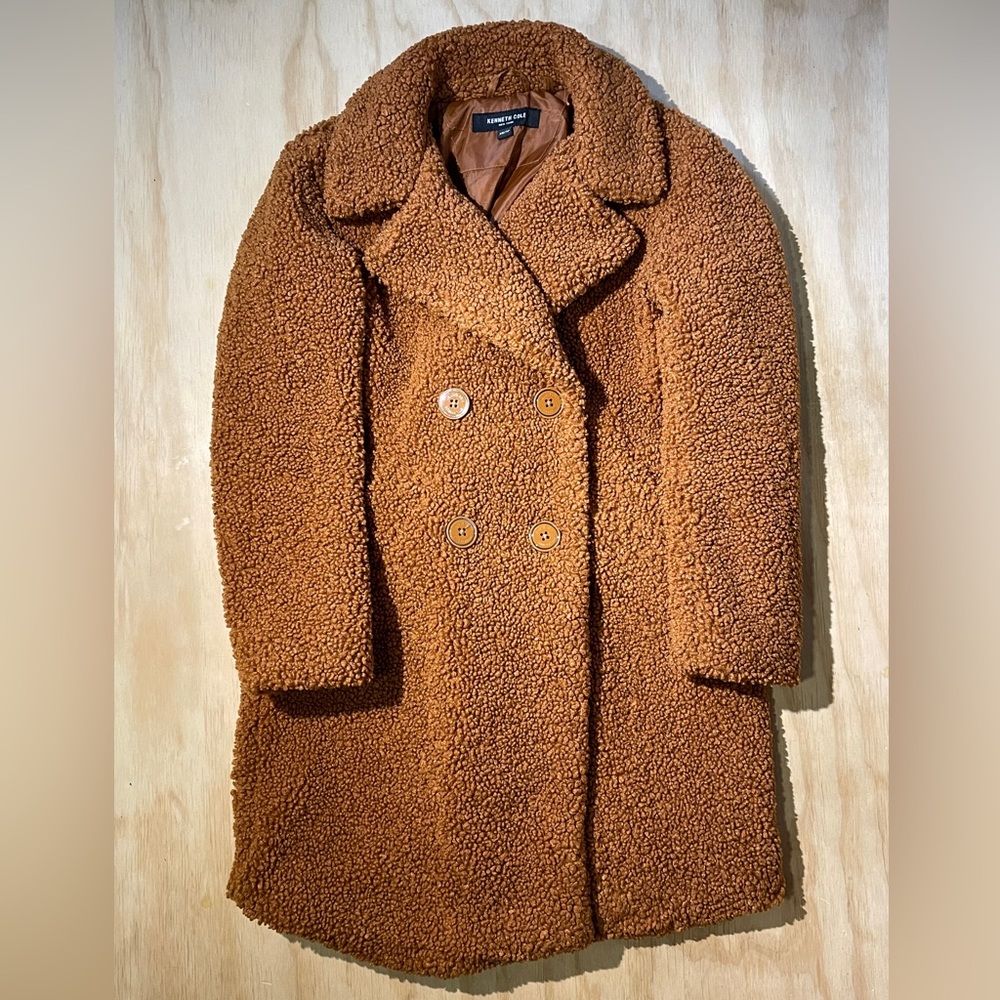 Kenneth Cole Teddy Coat Rust Brown Double Breasted Faux Fur Size XS Oversized